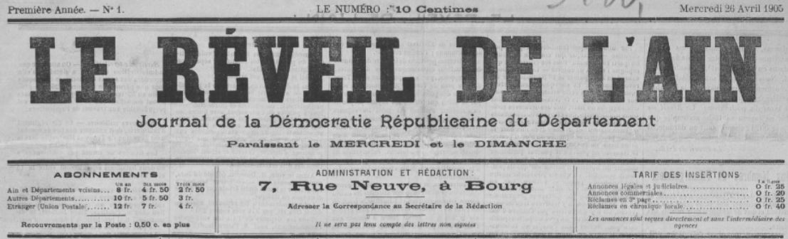 Photo (BnF / Gallica) de : Le Réveil de l'Ain. Bourg-en-Bresse, 1905-1906. ISSN 2136-7744.