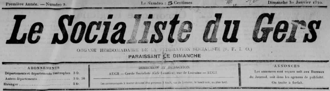 Photo (BnF / Gallica) de : Le Socialiste du Gers. Auch, 1909-[1921 ?]. ISSN 2138-1909.