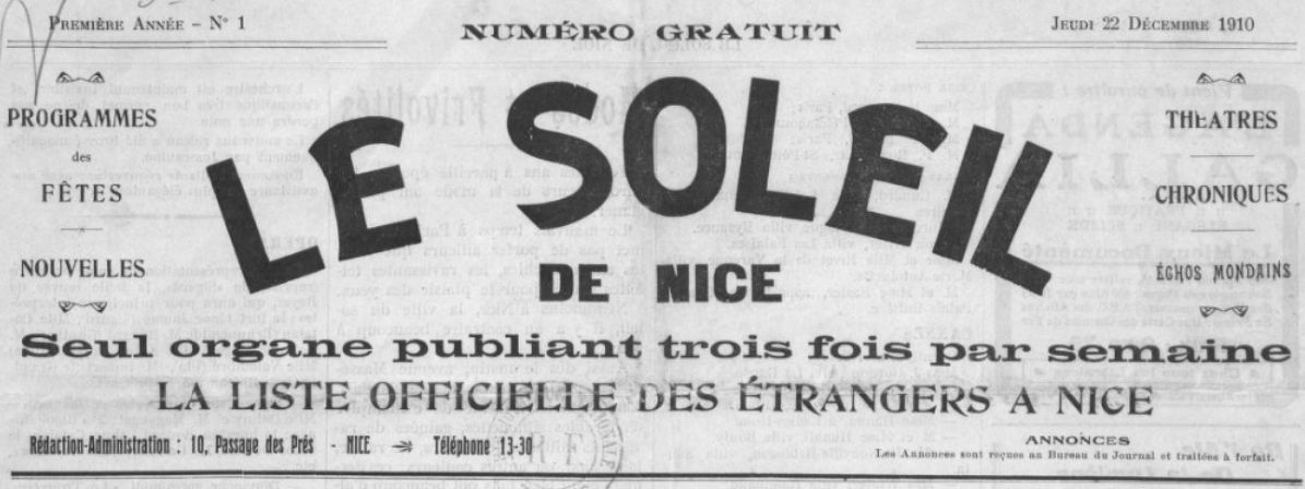 Photo (BnF / Gallica) de : Le Soleil de Nice. Nice, 1910-[1926 ?]. ISSN 2138-2263.
