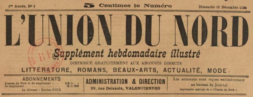 Photo (BnF / Gallica) de : L'Union du Nord. Supplément hebdomadaire illustré. Valenciennes, 1894-1895. ISSN 2139-4032.