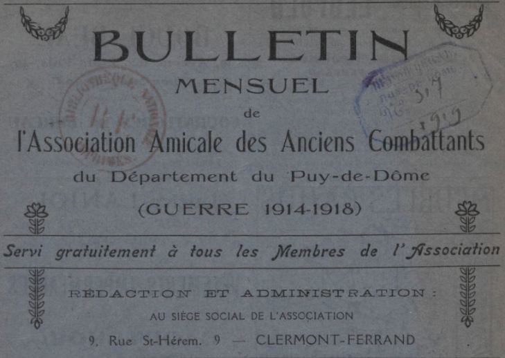 Photo (BnF / Gallica) de : Bulletin mensuel de l'Association amicale des anciens combattants du département du Puy-de-Dôme (guerre 1914-1918). Clermont-Ferrand, 1919-1921. ISSN 2123-0129.