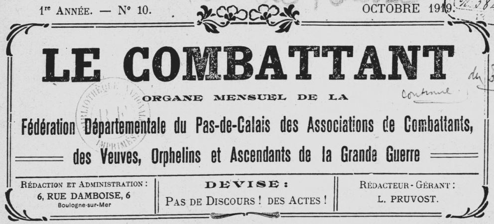 Photo (BnF / Gallica) de : Le Combattant. Boulogne-sur-Mer, 1919. ISSN 2124-1244.