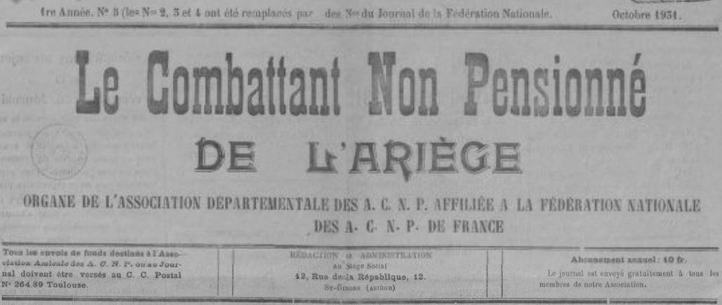 Photo (BnF / Gallica) de : Le Combattant non pensionné de l'Ariège. Saint-Girons, 1931-[1933 ?]. ISSN 2102-9091.