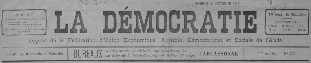 Photo (BnF / Gallica) de : La Démocratie. Carcassonne, [1919 ?-1939 ?]. ISSN 2125-6314.