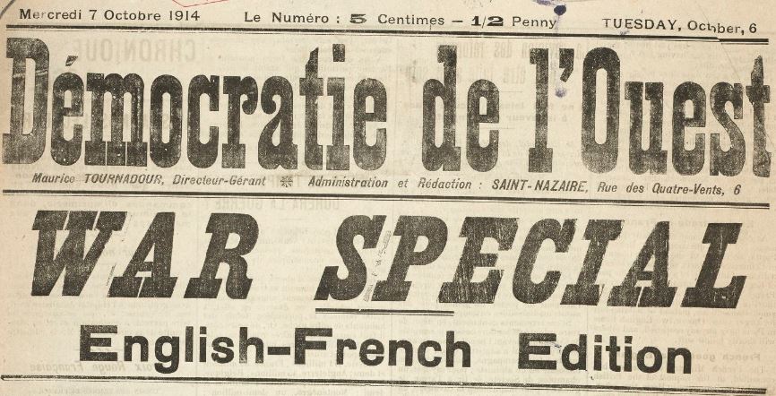 Photo (BnF / Gallica) de : Démocratie de l'Ouest. War special English-French ed.. Saint-Nazaire, [1914 ?]. ISSN 2125-6632.
