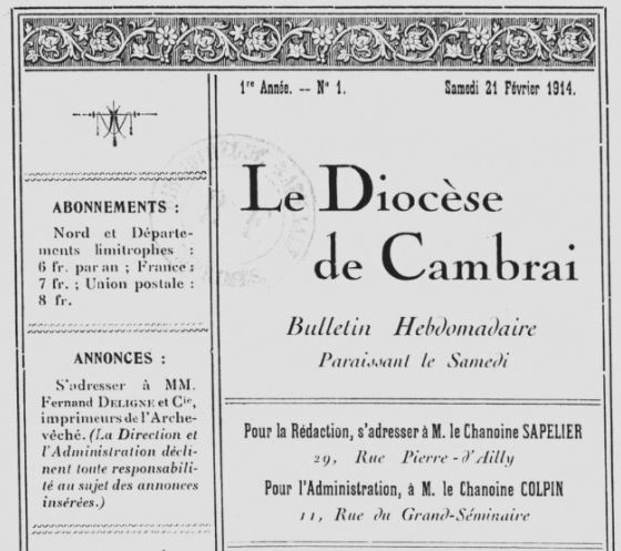 Photo (BnF / Gallica) de : Le Diocèse de Cambrai. Cambrai, 1914-1919. ISSN 2125-9119.