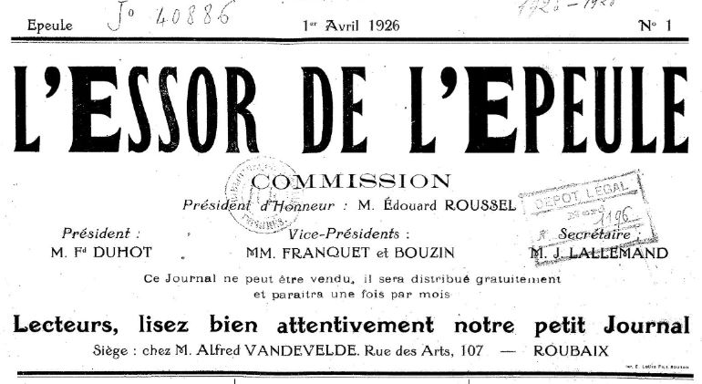Photo (BnF / Gallica) de : L'Essor de l'Épeule. Roubaix, 1926-[1928 ?]. ISSN 2127-455X.