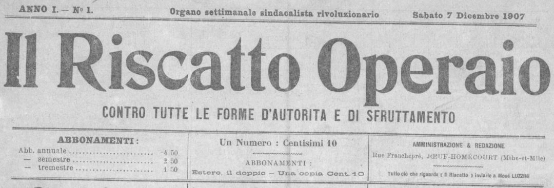 Photo (BnF / Gallica) de : Il Riscatto operaio. Joeuf-Homécourt, 1907-1908. ISSN 2100-5052.
