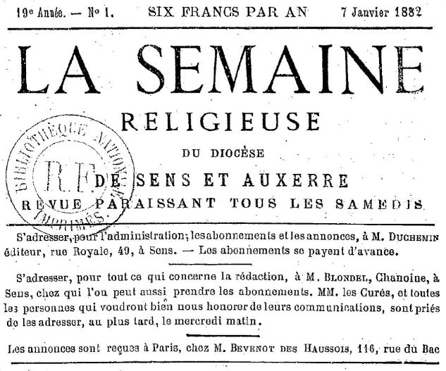 Photo (BnF / Gallica) de : La Semaine religieuse du diocèse de Sens et Auxerre. Sens, 1864-1933. ISSN 2137-9904.