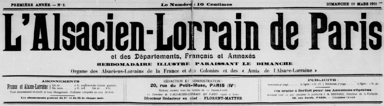Photo (BnF / Gallica) de : L'Alsacien-Lorrain de Paris et des départements, français et annexés. Paris, 1911-1920. ISSN 1270-5837.