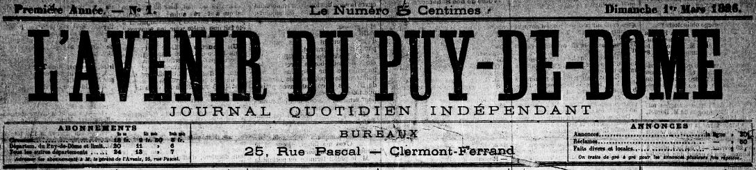 Photo (Bibliothèque du patrimoine de Clermont Auvergne métropole) de : L'Avenir du Puy-de-Dôme. Clermont-Ferrand, 1896-1925. ISSN 2121-6207.