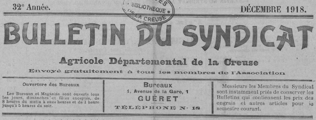 Photo (Creuse. Archives départementales) de : Bulletin du Syndicat agricole départemental de la Creuse. Guéret, 1890-1921. ISSN 2122-8973.