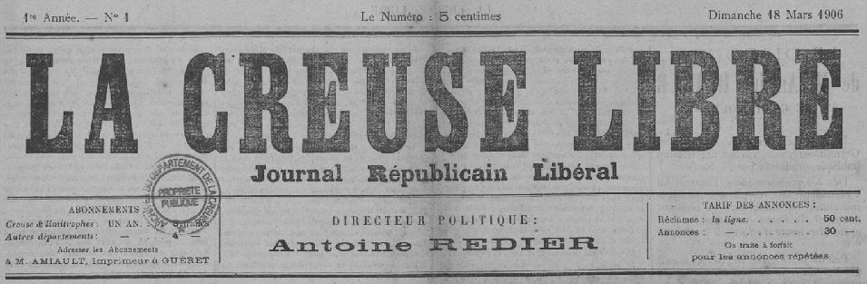 Photo (Creuse. Archives départementales) de : La Creuse libre. Guéret, 1906. ISSN 2125-009X.