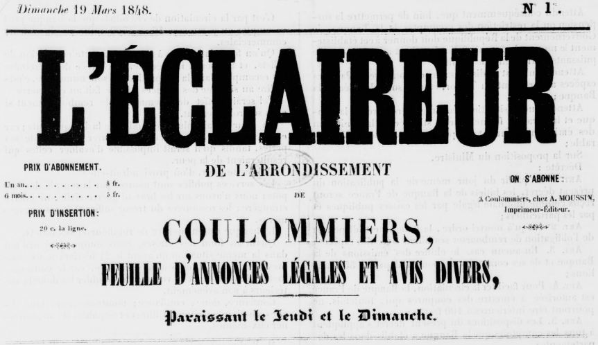 Photo (BnF / Gallica) de : L'Éclaireur de l'arrondissement de Coulommiers. Coulommiers, 1848-1892. ISSN 2126-9416.