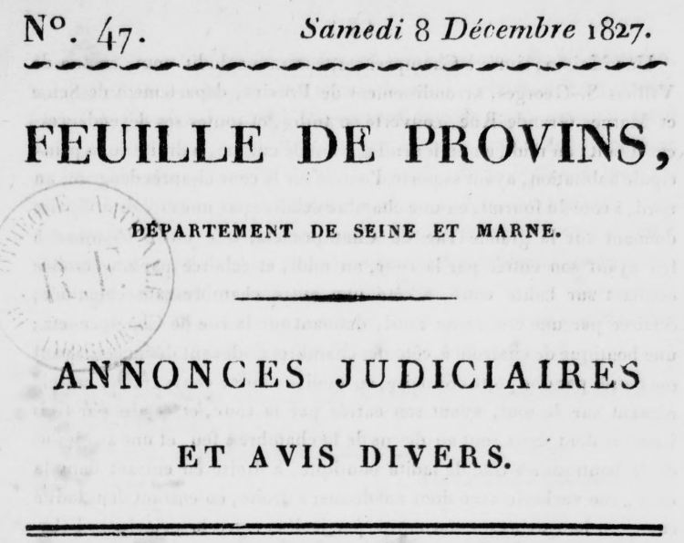 Photo (BnF / Gallica) de : Feuille de Provins. Provins, 1815-1891. ISSN 2127-9845.