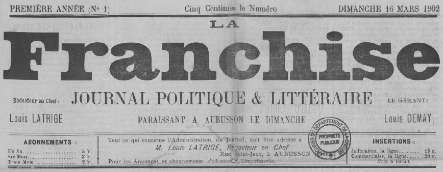 Photo (Creuse. Archives départementales) de : La Franchise. Aubusson, 1902-1904. ISSN 2128-3141.