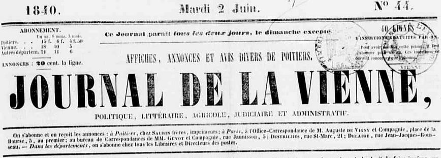 Photo (Médiathèque François-Mitterrand (Poitiers)) de : Journal de la Vienne. Poitiers : Saurin frères, imprimeurs, 1840-1921. ISSN 2016-9892.
