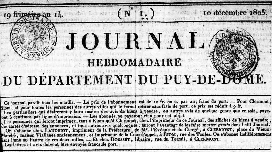 Photo (Bibliothèque du patrimoine de Clermont Auvergne métropole) de : Journal hebdomadaire du département du Puy-de-Dôme. Clermont-Ferrand, 1805-1831. ISSN 2130-954X.