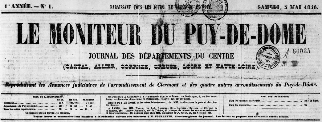 Photo (Bibliothèque du patrimoine de Clermont Auvergne métropole) de : Le Moniteur du Puy-de-Dôme. Clermont-Ferrand, 1856-1944. ISSN 2132-4891.