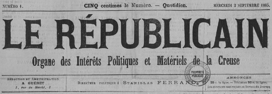 Photo (Creuse. Archives départementales) de : Le Républicain. Guéret, 1885. ISSN 2136-2025.