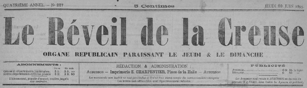 Photo (Creuse. Archives départementales) de : Le Réveil de la Creuse. Aubusson, 1895-1944. ISSN 2136-8112.