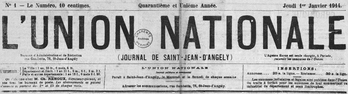 Photo (Charente-Maritime. Archives départementales) de : L'Union nationale. Saint-Jean-d'Angély, 1898-1923. ISSN 2139-4717.