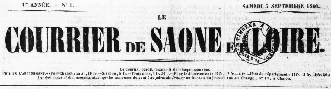 Photo (BnF / Gallica) de : Le Courrier de Saône-et-Loire. Chalon-sur-Saône, 1840-1947. ISSN 0247-2732.