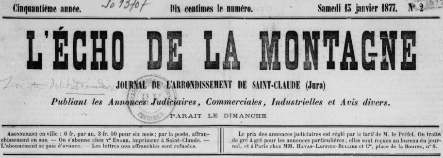 Photo (BnF / Gallica) de : L'Écho de la montagne. Saint-Claude, 1877-1944. ISSN 1259-1998.