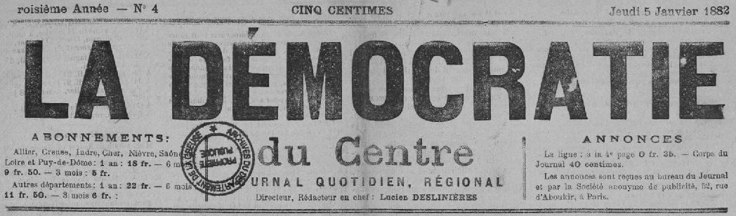 Photo (Creuse. Archives départementales) de : La Démocratie du Centre. Montluçon, 1881-1903. ISSN 1960-5641.