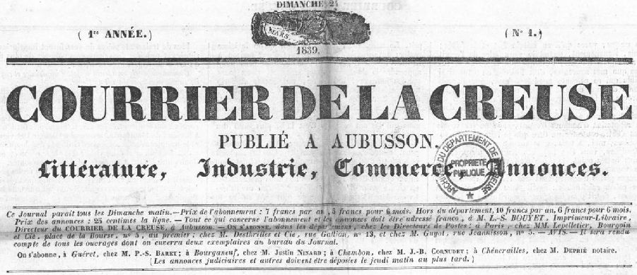 Photo (Creuse. Archives départementales) de : Courrier de la Creuse. Aubusson, 1839. ISSN 1964-0722.