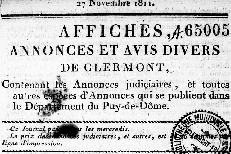 Photo (Bibliothèque du patrimoine de Clermont Auvergne métropole) de : Affiches, annonces et avis divers de Clermont. Clermont-Ferrand, 1811-1816. ISSN 1965-5576.
