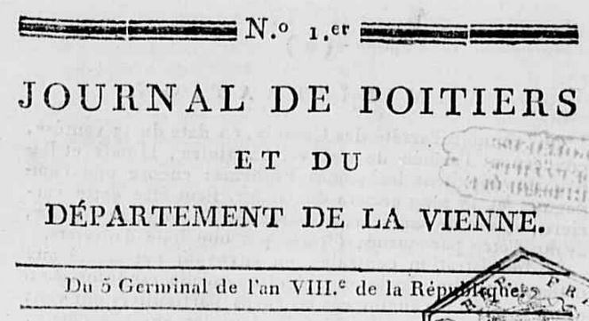 Photo (Médiathèque François-Mitterrand (Poitiers)) de : Journal de Poitiers et du département de la Vienne. A Poitiers : de l'Imprimerie de Catineau, [1800]. ISSN 2430-9354.