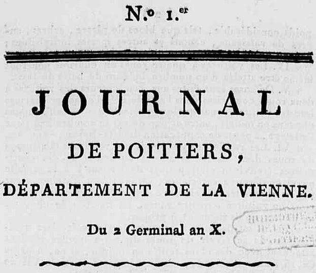 Photo (Médiathèque François-Mitterrand (Poitiers)) de : Journal de Poitiers, département de la Vienne. A Poitiers : de l'Imprimerie de Catineau, [1802]-1811. ISSN 2430-9389.