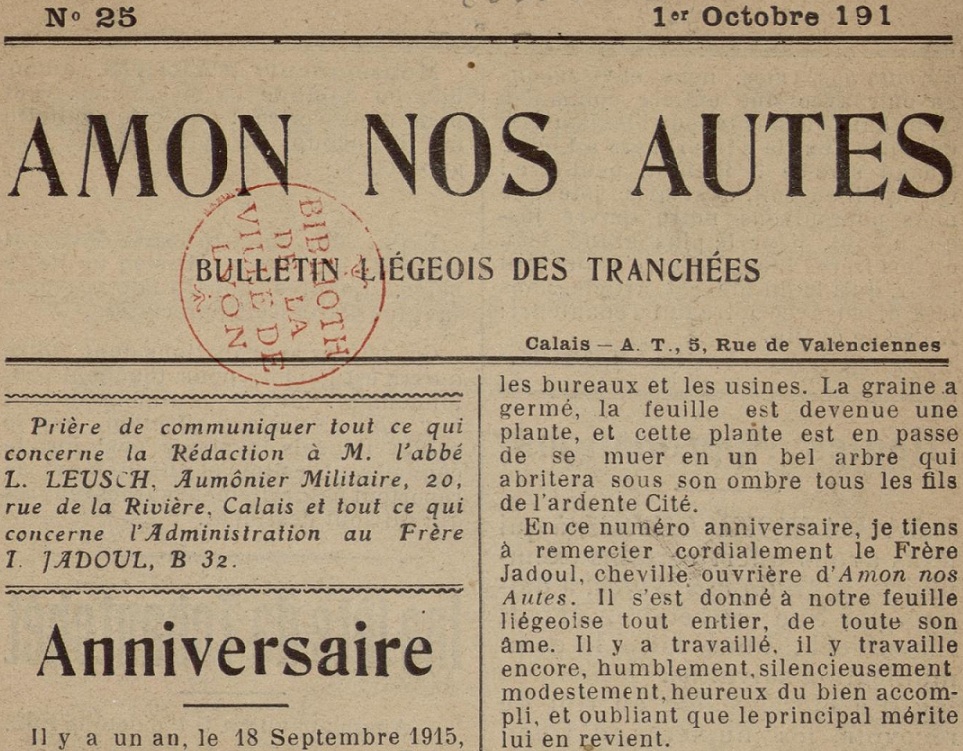 Photo (Bibliothèque municipale (Lyon)) de : Amon nos autes. Calais, [1914 ?]-1918. ISSN 2494-2308.