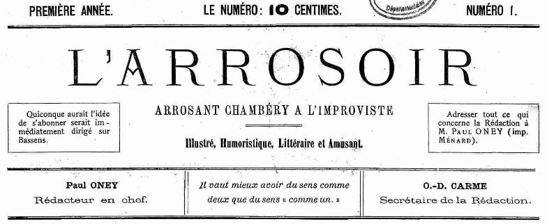 Photo (Auvergne-Rhône-Alpes livre et lecture) de : L'Arrosoir arrosant Chambéry à l'improviste. Chambéry, 1884-[1886 ?]. ISSN 2121-0063.