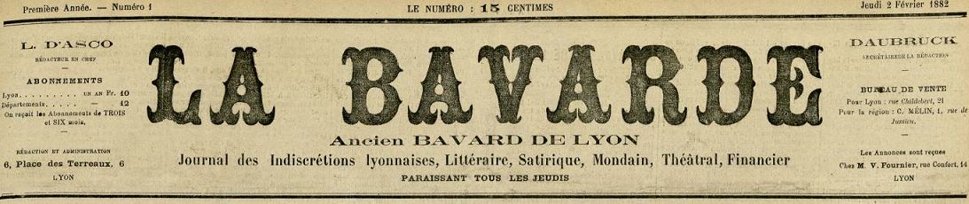 Photo (Bibliothèque municipale (Lyon)) de : La Bavarde. Lyon, 1882-1884. ISSN 2121-8897.