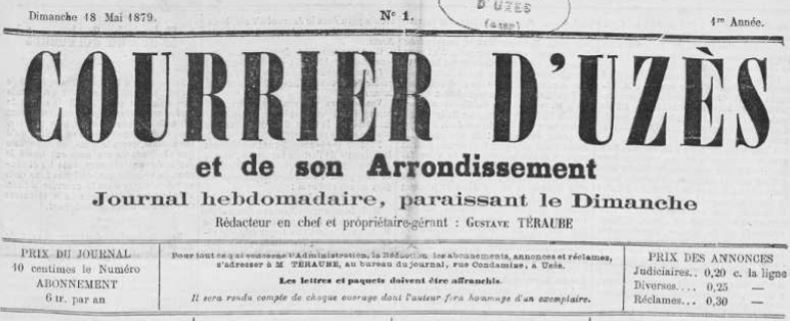 Photo (Occitanie) de : Courrier d'Uzès et de son arrondissement. Uzès, 1879-[1880 ?]. ISSN 2124-6750.