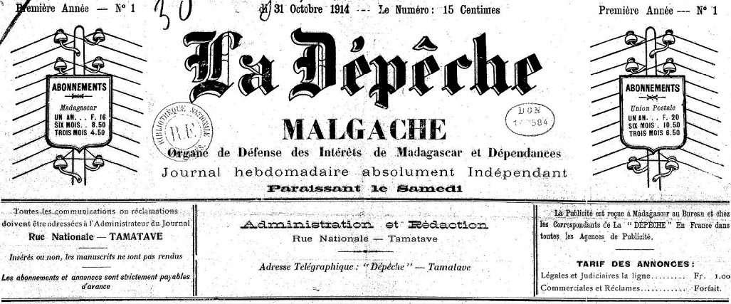 Photo (BnF / Gallica) de : La Dépêche malgache. Tamatave, 1914-1916. ISSN 2519-0741.