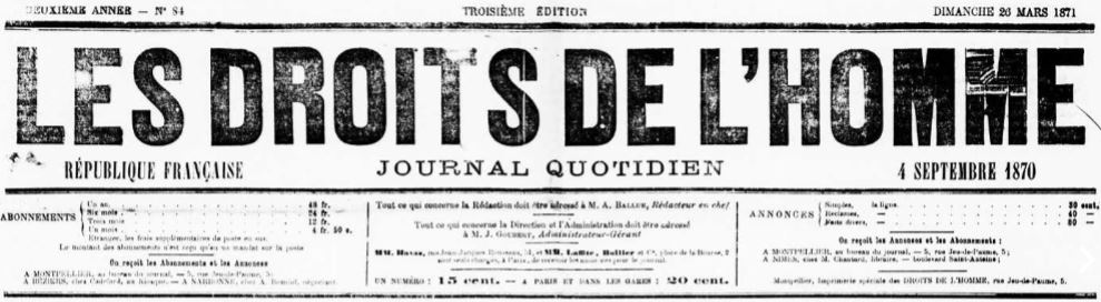 Photo (Occitanie) de : Les Droits de l'homme. Montpellier, [1870 ?-1871 ?]. ISSN 2126-015X.