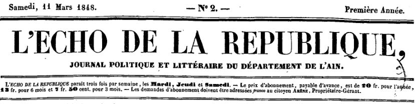 Photo (Auvergne-Rhône-Alpes livre et lecture) de : L'Écho de la République. Nantua : Arène, propriétaire-gérant, 1848-1849. ISSN 2126-3124.