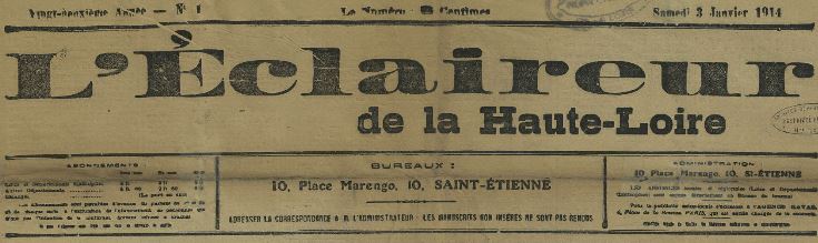 Photo (Haute-Loire. Archives départementales) de : L'Éclaireur de la Haute-Loire. Saint-Étienne, [1896 ?]-1914. ISSN 2126-9475.