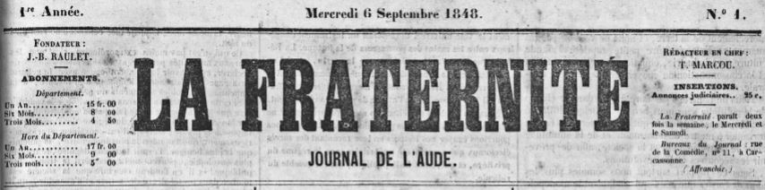 Photo (Occitanie) de : La Fraternité. Carcassonne, 1848-1850. ISSN 2128-3281.