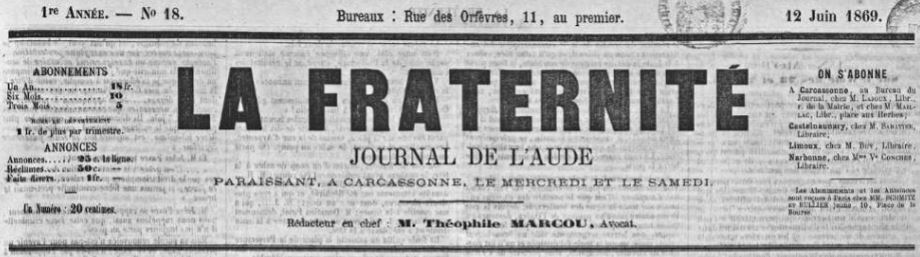 Photo (Occitanie) de : La Fraternité. Carcassonne, 1869-1887. ISSN 2128-329X.