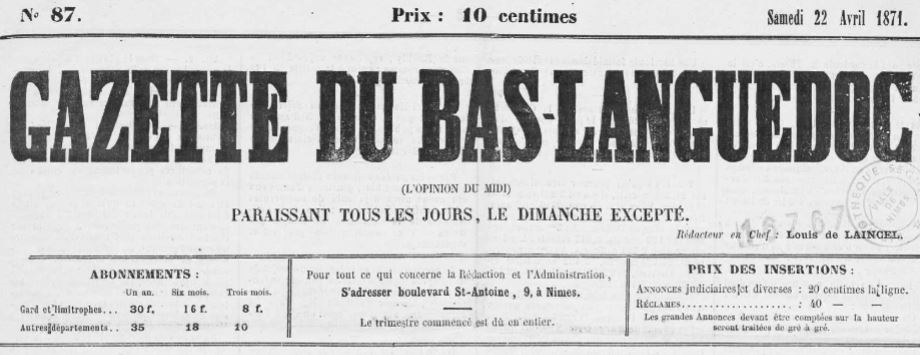 Photo (Occitanie) de : Gazette du Bas-Languedoc. Nîmes, 1871. ISSN 2128-7295.