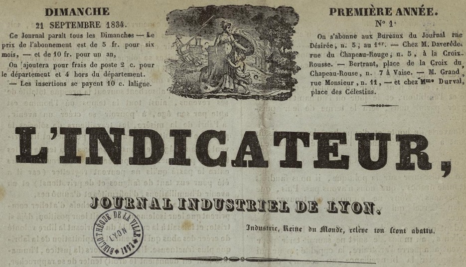 Photo (Bibliothèque municipale (Lyon)) de : L'Indicateur. Lyon, 1834-1835. ISSN 2110-2996.