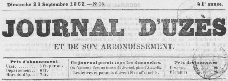 Photo (Occitanie) de : Journal d'Uzès et de son arrondissement. Uzès, 1842-1944. ISSN 2130-2480.
