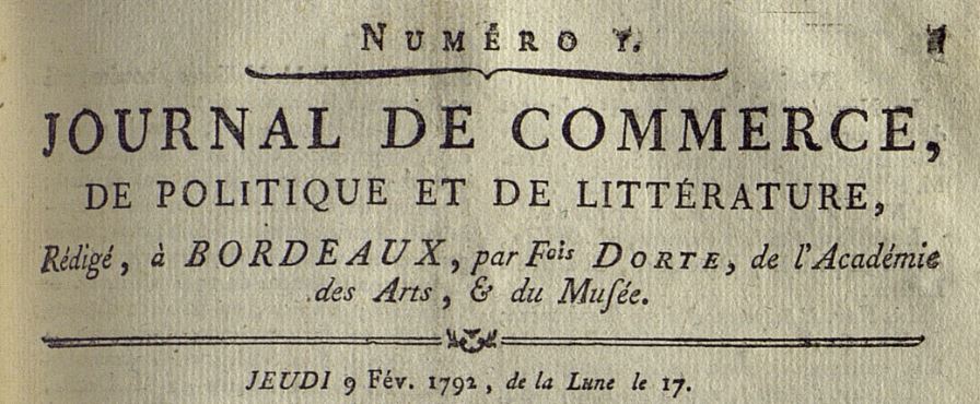 Photo (Bibliothèque municipale (Bordeaux)) de : Journal de commerce, de politique et de littérature. Bordeaux, 1792-1802. ISSN 2130-3363.