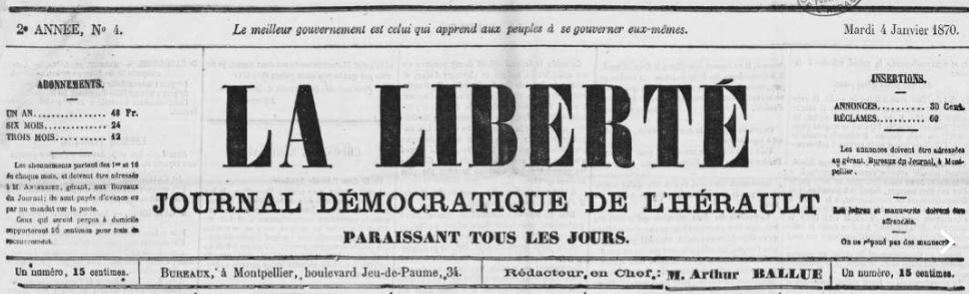 Photo (Occitanie) de : La Liberté. Montpellier, 1869-1871. ISSN 2131-2966.