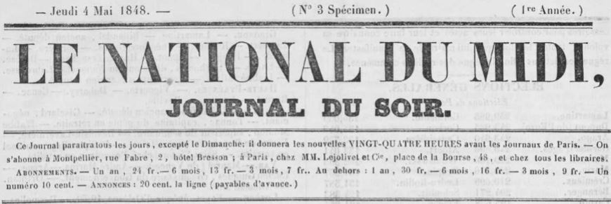 Photo (Occitanie) de : Le National du Midi. Montpellier, [1848 ?]. ISSN 2132-7688.