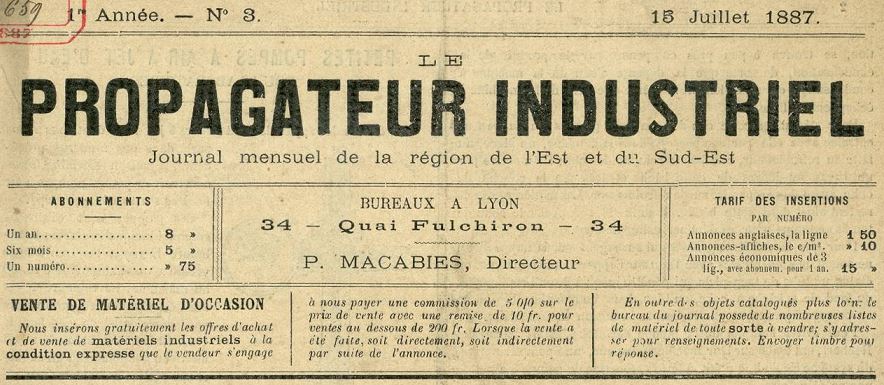 Photo (Bibliothèque municipale (Lyon)) de : Le Propagateur industriel. Lyon, 1887-[1892 ?]. ISSN 2135-5975.